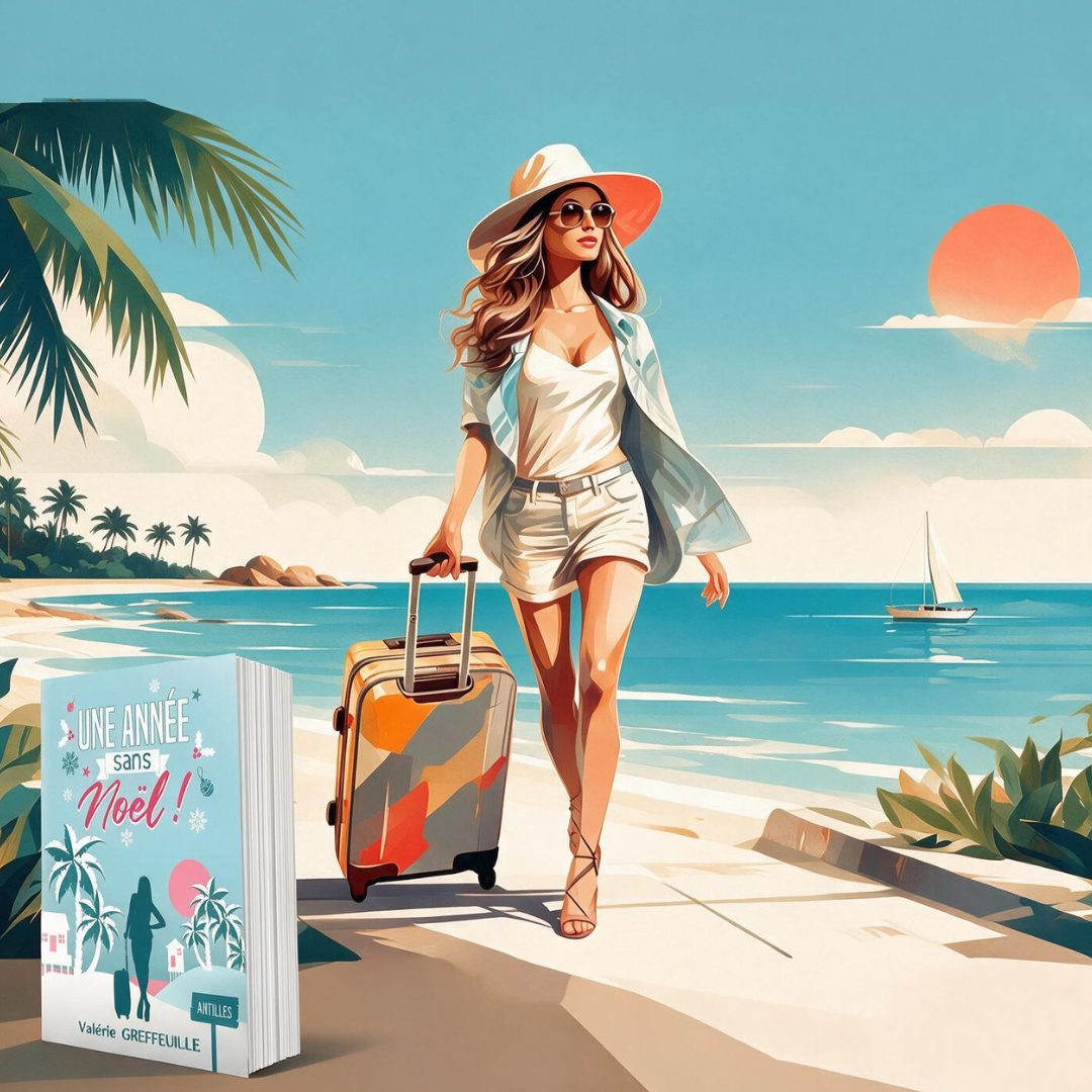 Plage tropicale, femme blonde avec une valise