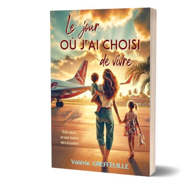 Une femme de dos porte un petit garçon sur sa hanche gauche et tient la main d'une petite fille, ils avancent sur le tarmac d'un aéroport aux Antilles vers un avion.