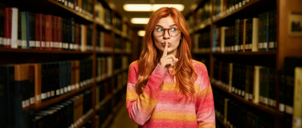 Femme rousse faisant chut du doigt sur la bouche dans une librairie