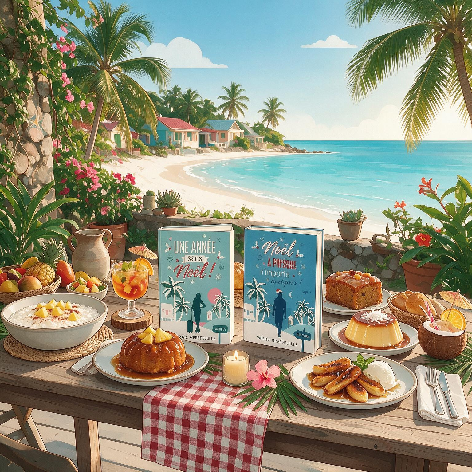 une table de Noël aux Antilles dressée sur un fond tropical.