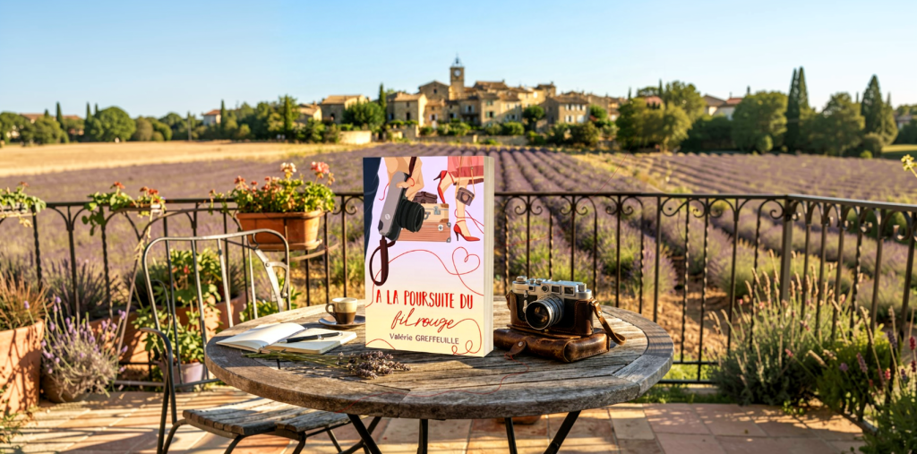 Paysage provençal, champ de lavandes et table de bois avec un livre et un appareil photo