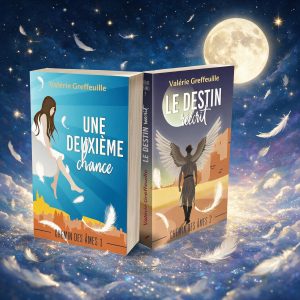 Ambiance magique avec des plumes qui tombent du ciel et une pleine lune, les romans de la série Chemin des âmes