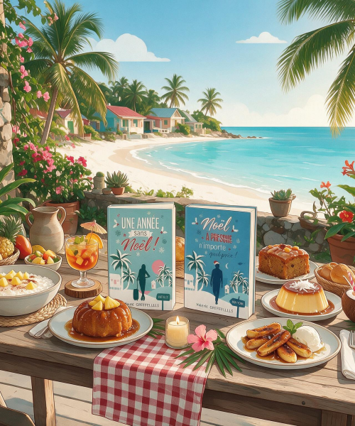 une table de Noël aux Antilles dressée sur un fond tropical.