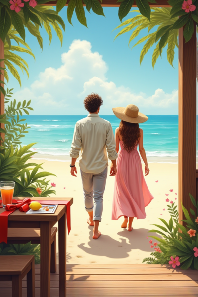 Une homme et une femme quittant une case sur une plage tropicale, il ruban rouge sur la table.