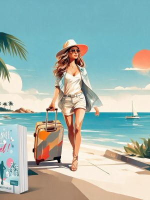 Une plage tropicale, une femme blonde avec sa valise